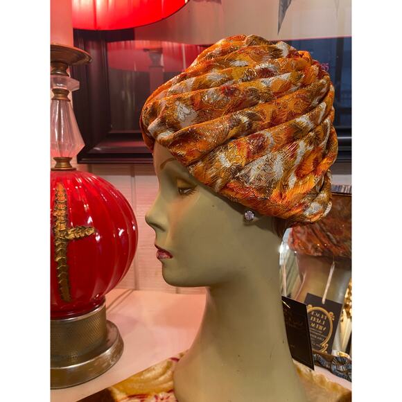 vintage 1960s orange and gold brocade turban 60s hat gathered metallic mod retro - Picture 5 of 7
